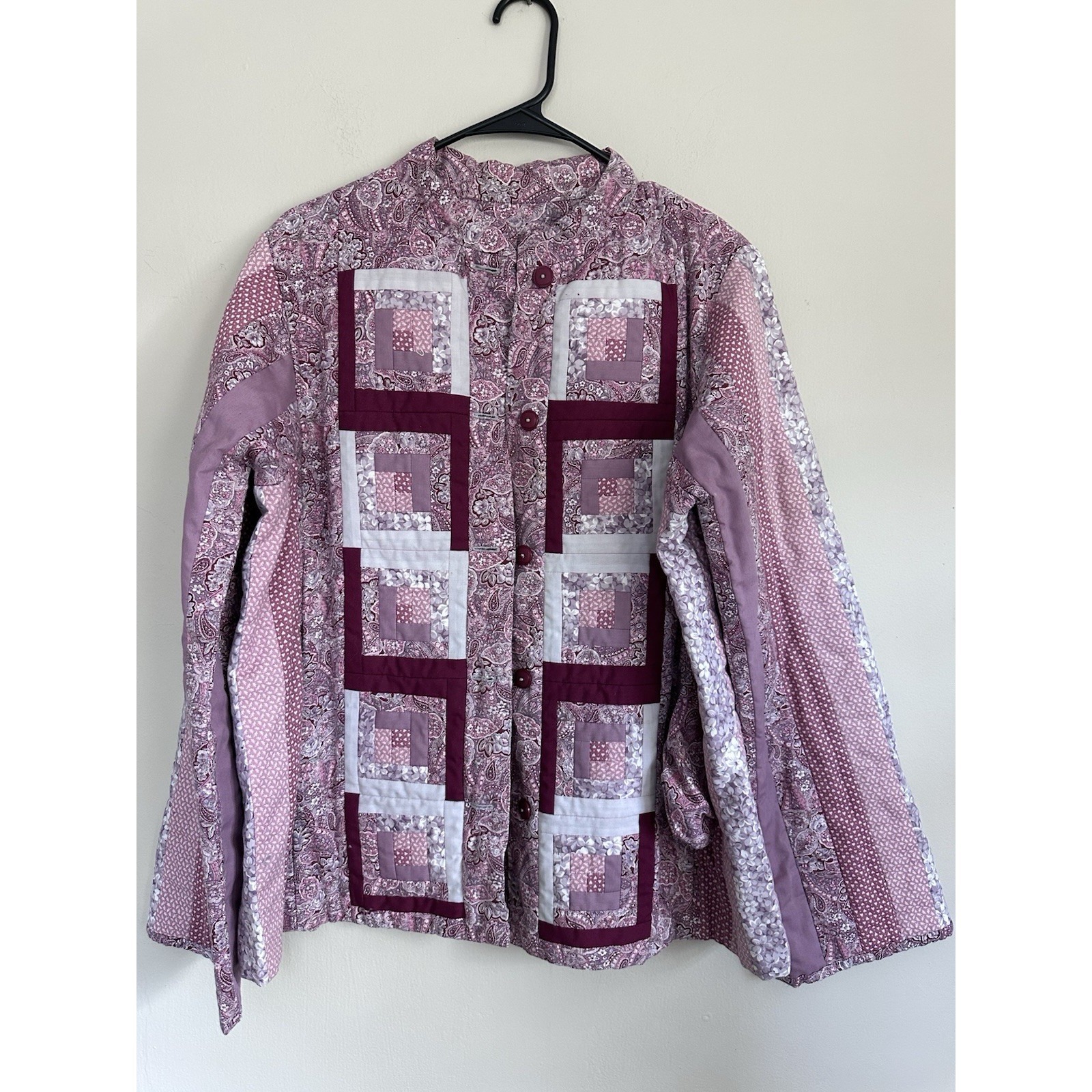 Vintage Handmade Quilt Coat Collarless Jacket Large Pink Cabincore Cottage Large